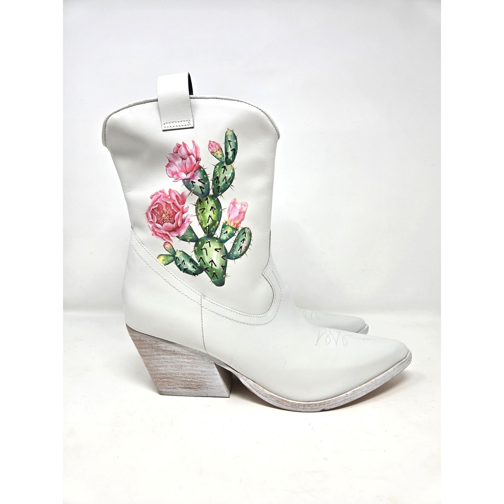 Golo Jesse White Leather Cactus Western Cowboy Boots‎ SnipToe Block Heel 10